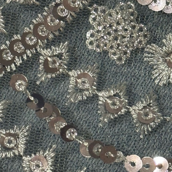 Sequin Fringe Hem Denim Mini Skirt Size L MICAS Jeans Concert Party Silver Blue - Picture 6 of 10